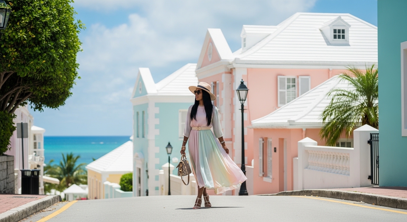 Stylish woman with silk press walking in Hamilton Bermuda