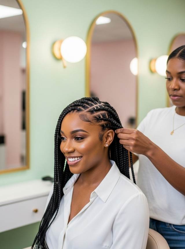 Black Bermudian woman smiling during vibrant hair color service at Omega Dolls Salon Bermuda in a feminine luxury setting.