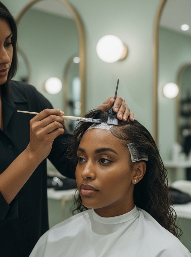 Black Bermudian woman receiving professional hair coloring at Omega Dolls Salon in Bermuda with glossy finish and soft glam styling.