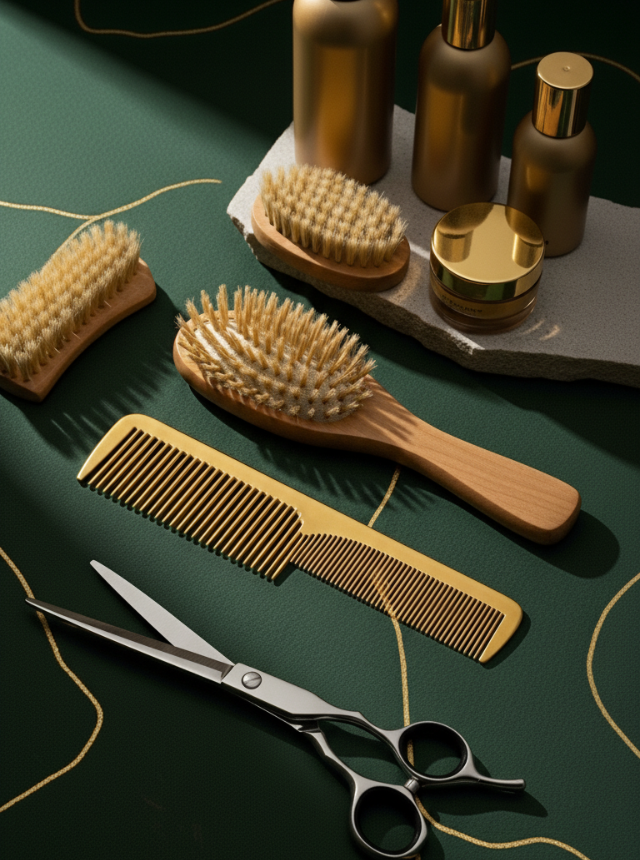 Professional hair styling tools flat lay at Omega Dolls Salon Bermuda featuring scissors, combs, brushes and luxury hair products on a pastel green background.