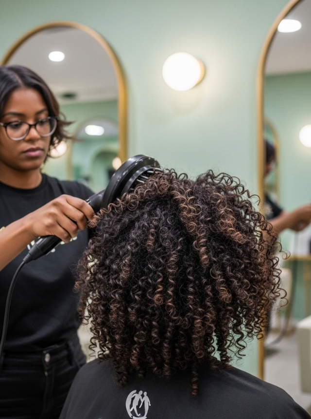 Silk press blow-dry service for a Black Bermudian woman at Omega Dolls Salon in Bermuda with smooth glossy hair finish.