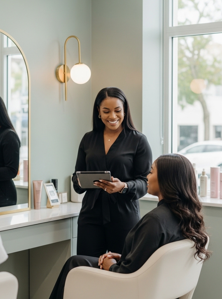 Stylist booking an appointment with a client at Omega Dolls Salon in Hamilton Bermuda for a personalised hair styling glow-up.