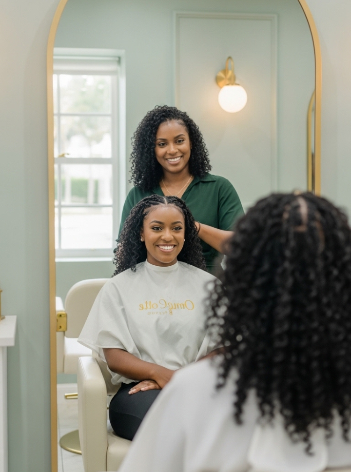Black Bermudian woman smiling after a professional hair styling service at Omega Dolls Salon in Hamilton Bermuda.