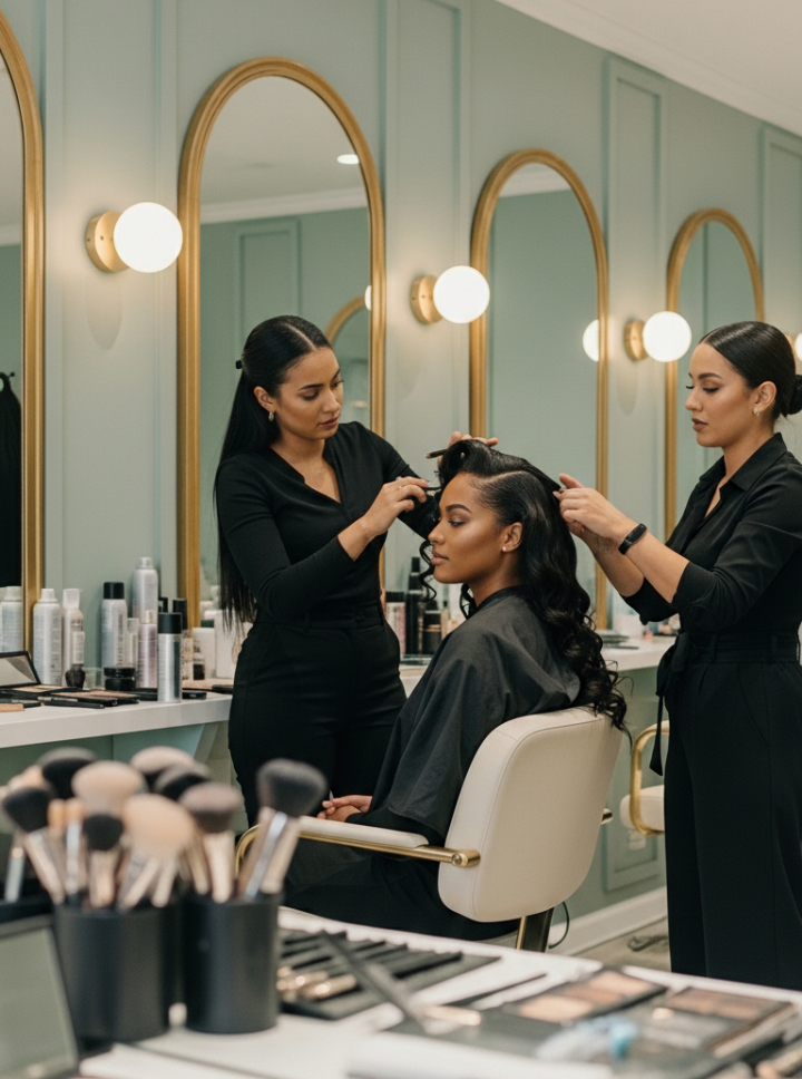 Black Bermudian woman receiving soft glam makeup and professional hair styling at Omega Dolls Salon in Hamilton Bermuda for a special occasion.