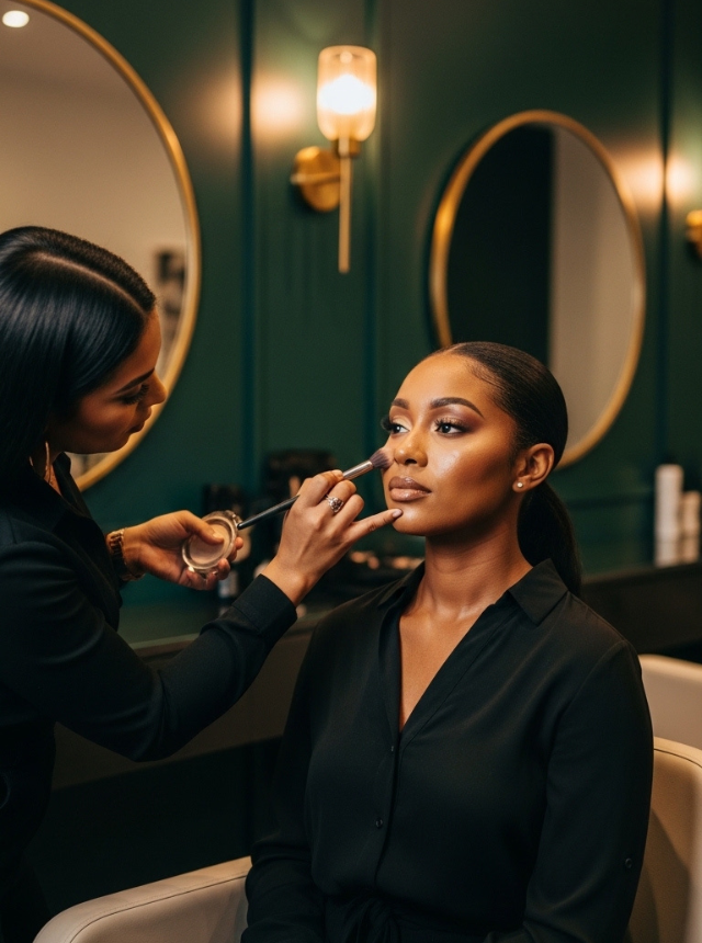Black Bermudian woman receiving soft glam glow makeup at Omega Dolls Salon in Hamilton Bermuda.