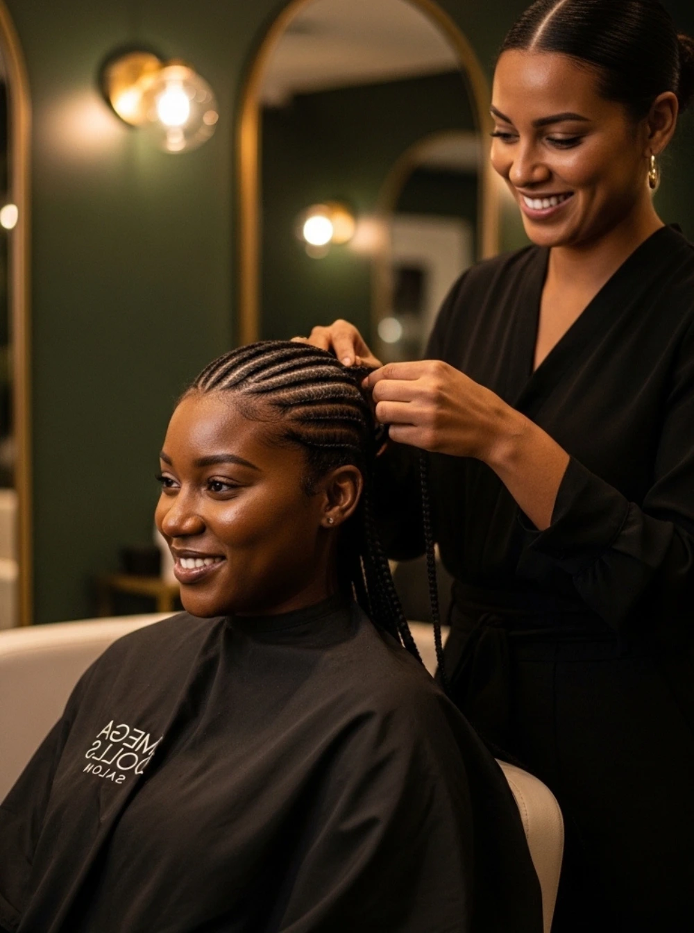 Black Bermudian woman receiving knotless braids at Omega Dolls Salon in Hamilton Bermuda with warm evening lighting and luxury salon interior.