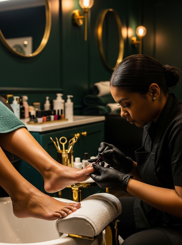 Luxury pedicure service at Omega Dolls Salon in Hamilton Bermuda featuring precision nail polish and spa-style foot care.