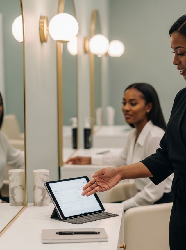 Client reviewing appointment details on a tablet at Omega Dolls Salon in Hamilton Bermuda, reflecting the salon’s professional online booking process.