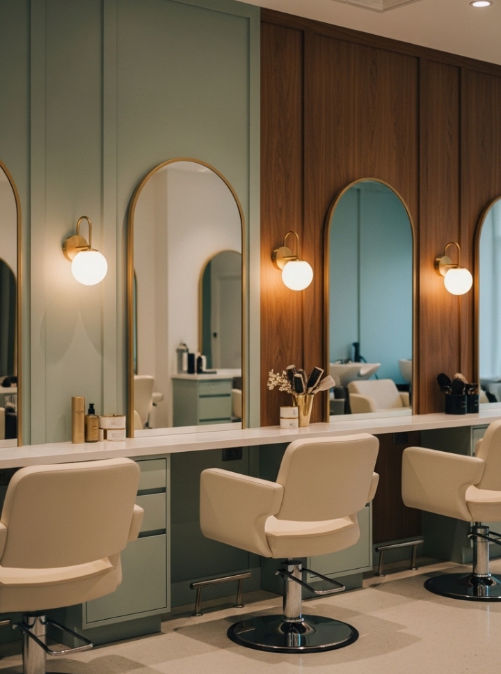 Dark luxury interior of Omega Dolls Salon in Hamilton Bermuda featuring emerald walls, walnut styling stations and softly lit arched mirrors in a private Afro-Caribbean hair salon setting.