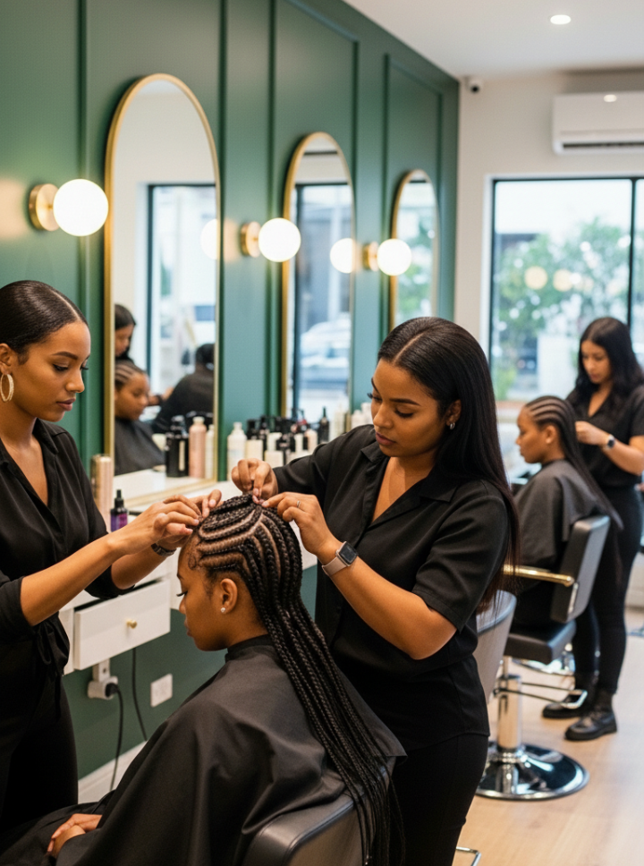 Black Bermudian women receiving protective braids and scalp care at Omega Dolls Salon in Hamilton Bermuda during a seasonal styling package.