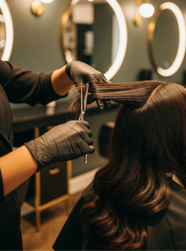 Professional precision hair trim service at Omega Dolls Salon in Hamilton Bermuda focused on healthy ends and refined styling.