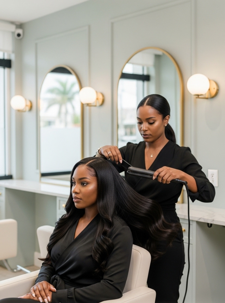 Black Bermudian woman receiving a Signature Silk Press at Omega Dolls Salon in Hamilton Bermuda with smooth shine and healthy natural hair.